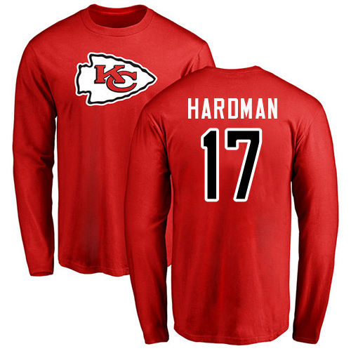 Men Kansas City Chiefs #17 Hardman Mecole Red Name and Number Logo Long Sleeve T-Shirt->kansas city chiefs->NFL Jersey